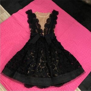 Lanvin Elegant Black Lace Dress with Nude Lining, US0